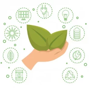 main contenant 2 feuilles vertes entourée de plusieurs logo sur la protection de l'environnement