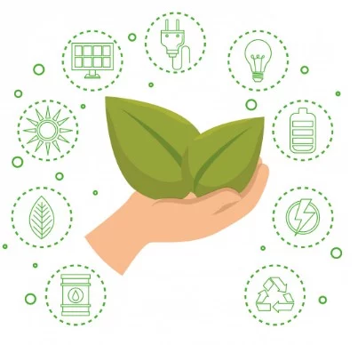 main contenant 2 feuilles vertes entourée de plusieurs logo sur la protection de l'environnement