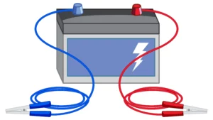 batterie avec un câble rouge et un cable bleu